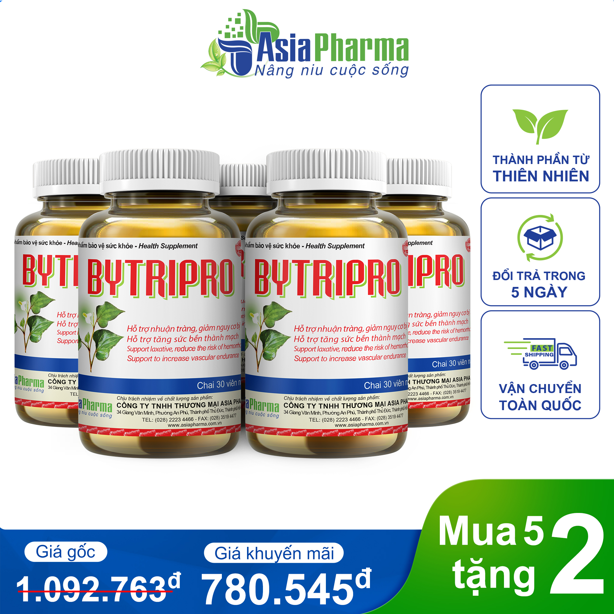 Mua 5 tặng 2 – Viên uống tiêu trĩ Bytripro Asia Pharma hỗ trợ nhuận tràng, giảm táo bón – Hộp 30 viên