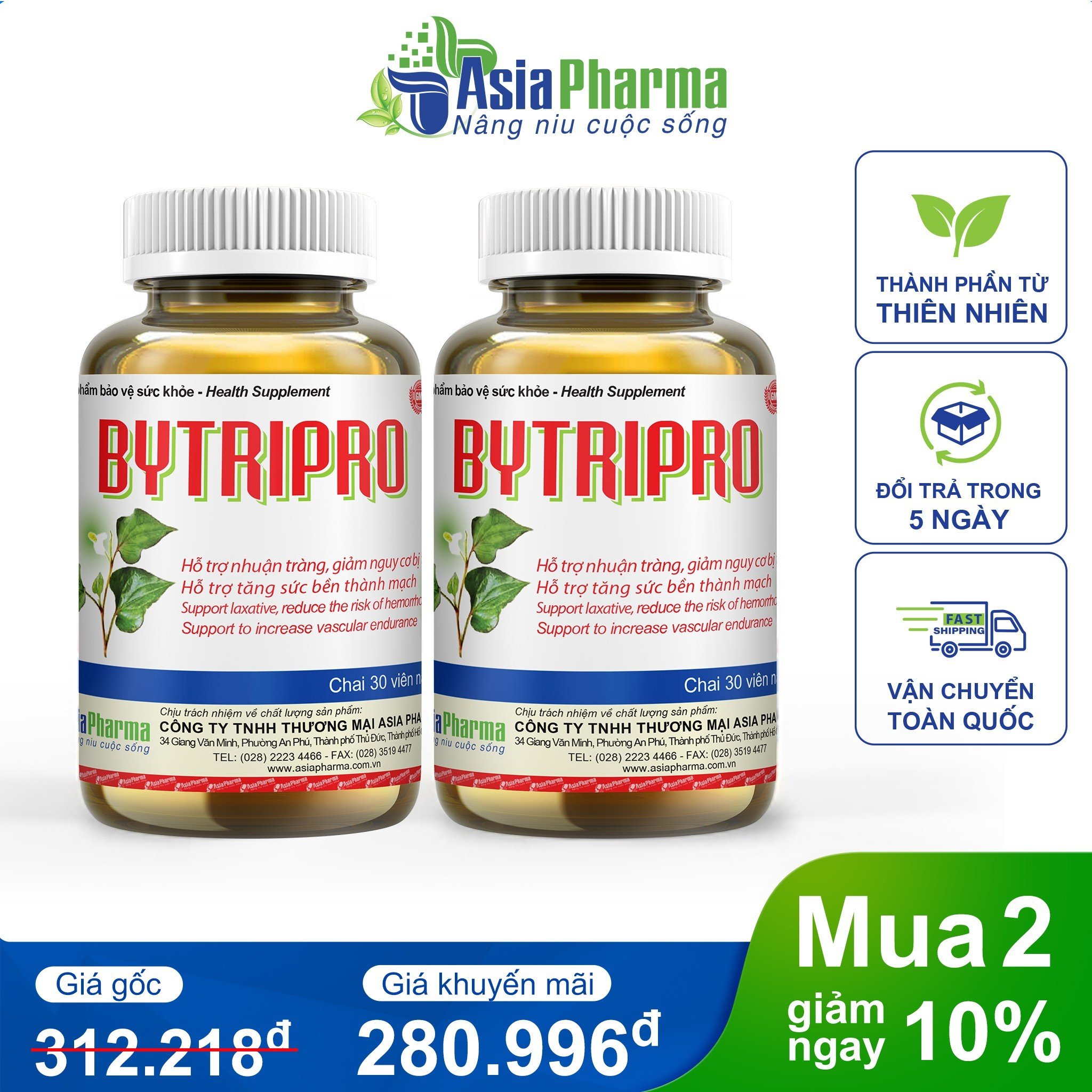 Combo 2 Hộp – Viên uống tiêu trĩ Bytripro Asia Pharma hỗ trợ nhuận tràng, giảm táo bón – Hộp 30 viên