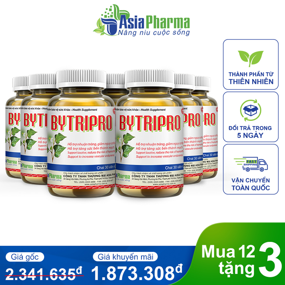 Mua 12 tặng 3 – Viên uống Bytripro Asia Pharma hỗ trợ nhuận tràng, giảm táo bón – Hộp 30 viên (Sao chép)